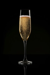 One glass of champagne on a black background