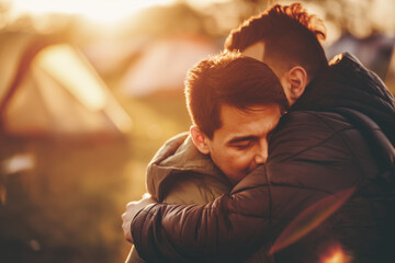 Two men embracing each other tightly at sunset in refugee camp. They appear emotional with tents blurred in background