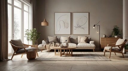 Modern Grey Scandinavian home interior design characterized by an elegant living room featuring a comfortable sofa, mid century furniture, cozy carpet, wooden floor, white walls, and home plants