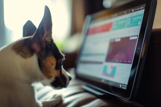 Curious dog is observing a tablet displaying charts and graphs, hinting at the increasing presence of technology in our daily lives, even for our pets