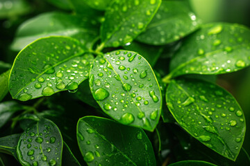 After a rain, water droplets cling to vibrant green leaves, highlighting the freshness and tranquility of nature in a garden