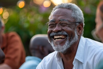 retired black diverse senior man at social gathering event, smiling. candid lifestyle moment