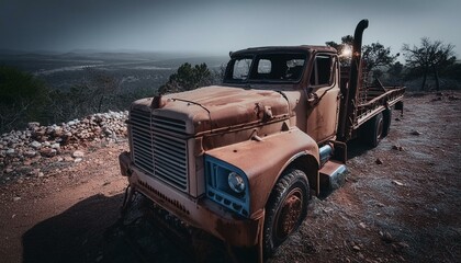 big rusty offroad truck in desert landscape, mad max apocalyptic style