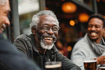 retired black diverse senior man at social gathering event, smiling. candid lifestyle moment