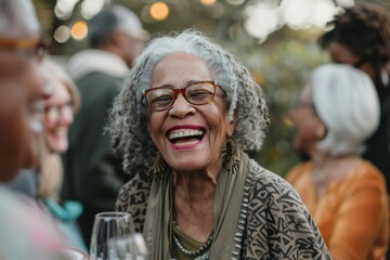 retired diverse senior woman at social gathering event, smiling. candid lifestyle moment