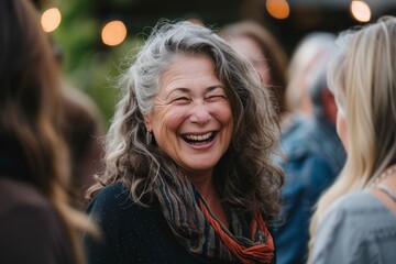 retired hispanic senior woman at social gathering event, smiling. candid lifestyle moment
