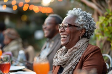 retired diverse senior woman in glasses at social gathering event, smiling. candid lifestyle moment