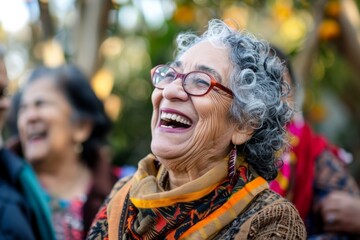 retired diverse senior woman in glasses at social gathering event, smiling. candid lifestyle moment