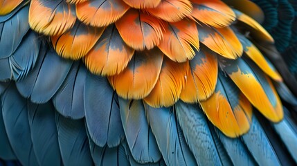 Fototapeta premium Beautiful bird feathers of Blue and Yellow, exotic natural textured background, close up