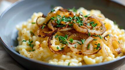 german bavarian cheese spaetzle with roasted onions, food photography, 16:9