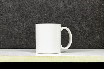 white coffee mug , white porcelain mug mock up on white wood table