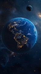 Magnificent view of Earth from space highlighting North and South America with the moon in the background. Ideal for environmental and space-themed content