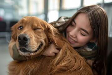 teenage girl  holding her golden retriever dog pet at vet clinic for regular visit or vaccine