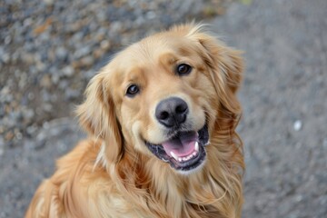 Obraz premium adorable golden retriever dog smiling on neutral background in the street asphalt background