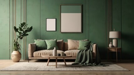 Modern Green Scandinavian home interior design characterized by an elegant living room featuring a comfortable sofa, mid century furniture, cozy carpet, wooden floor, white walls, and home plants