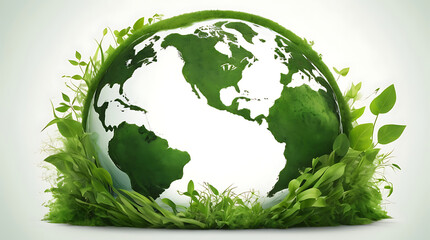 An Artistic abstract illustration image of a globe earth portrait made up of water plants and wind. World environment day concept, green plants around globe with copy space
