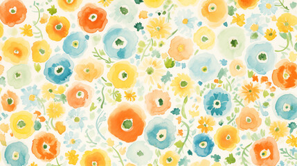 Watercolor floral background, shades of blue, yellow, orange and green flowers