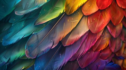 Obraz premium Generative AI, Beautiful rainbow colorful closeup feathers, photorealistic background, top view, aerial view.