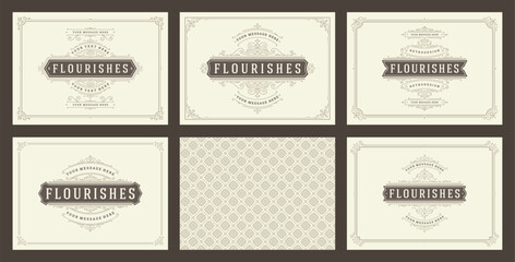 Vintage ornament greeting cards set templates flourish ornate frames and pattern background vector illustration
