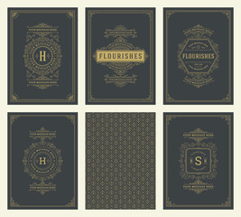 Vintage ornament greeting cards set templates flourish ornate frames and pattern background vector illustration
