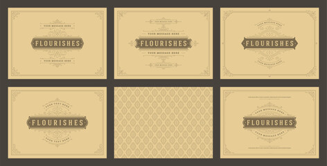 Vintage ornament greeting cards set templates flourish ornate frames and pattern background vector illustration © provectors