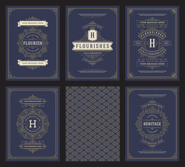 Vintage ornament greeting cards set templates flourish ornate frames and pattern background vector illustration