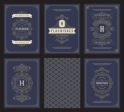 Vintage ornament greeting cards set templates flourish ornate frames and pattern background vector illustration