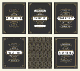 Vintage ornament greeting cards set templates flourish ornate frames and pattern background vector illustration
