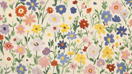 Watercolor floral pattern, variety of colorful flowers, including blue, red, pink, and yellow, blooming against a soft white background