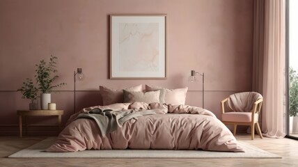 Modern Pink Scandinavian home interior design characterized by an elegant living room featuring a comfortable sofa, mid century furniture, cozy carpet, wooden floor, white walls, and home plants