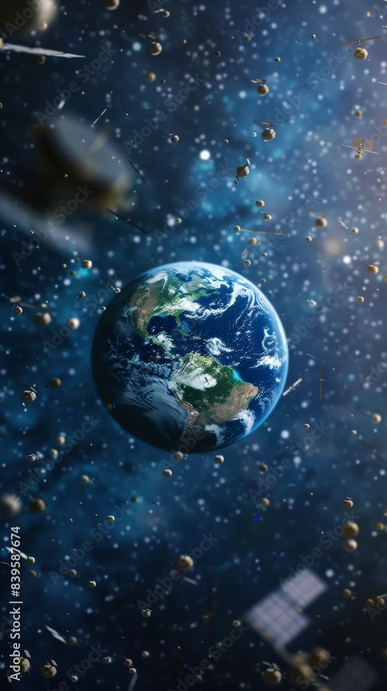 Poster Planet Earth surrounded by asteroids and space debris. Visual representation of space hazards and environmental concerns. Ideal for educational and environmental projects.