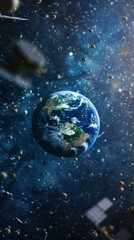 Obraz premium Planet Earth surrounded by asteroids and space debris. Visual representation of space hazards and environmental concerns. Ideal for educational and environmental projects.