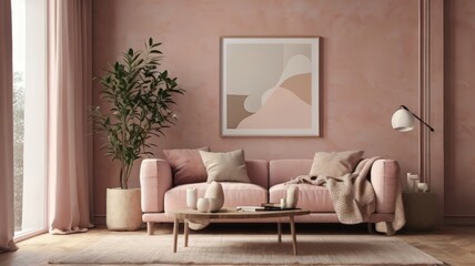 Modern Pink Scandinavian home interior design characterized by an elegant living room featuring a comfortable sofa, mid century furniture, cozy carpet, wooden floor, white walls, and home plants