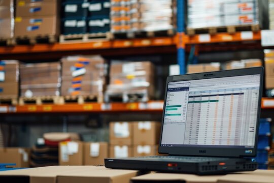 Laptop with logistics software in warehouse