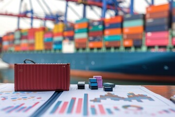 Miniature shipping containers on top of charts and graphs