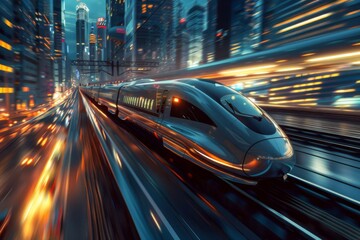 A dynamic close-up of a high-speed electric train speeding along elevated tracks, with futuristic design elements, and a blurred city background emphasizing its velocity