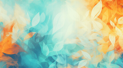Watercolor abstract background with blurred flowers and leaves in shades of blue, white, orange, and yellow