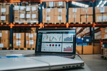 Laptop with stock market analysis in warehouse