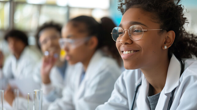 copy space, stockphoto, multiracial, high school students with labcoat in a analytic practice lab. Students different ethnic background in an chemistry lab. School theme mockup.