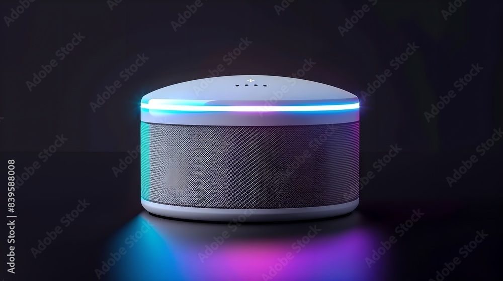 Poster smart speaker with colorful lights on black background. smart home assistant with ai. voice controll