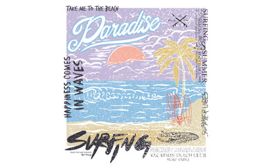 Obraz premium Beach paradise artwork. Palm beach club. Sunshine all the time. Sun vector graphic design for apparel, stickers, posters, background and others. Surfing club vector design.