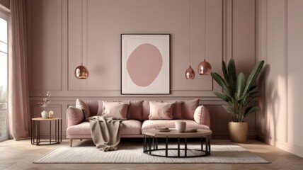 Modern Pink Scandinavian home interior design characterized by an elegant living room featuring a comfortable sofa, mid century furniture, cozy carpet, wooden floor, white walls, and home plants