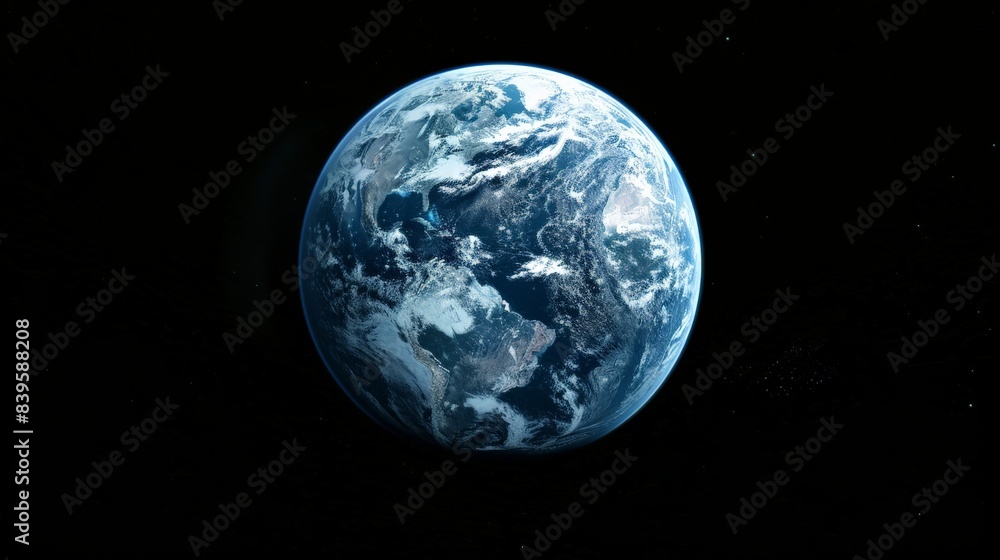 Poster Stunning image of Earth in space against a black background. Captures the serene beauty and isolation of our planet. Ideal for space exploration and global unity themes.