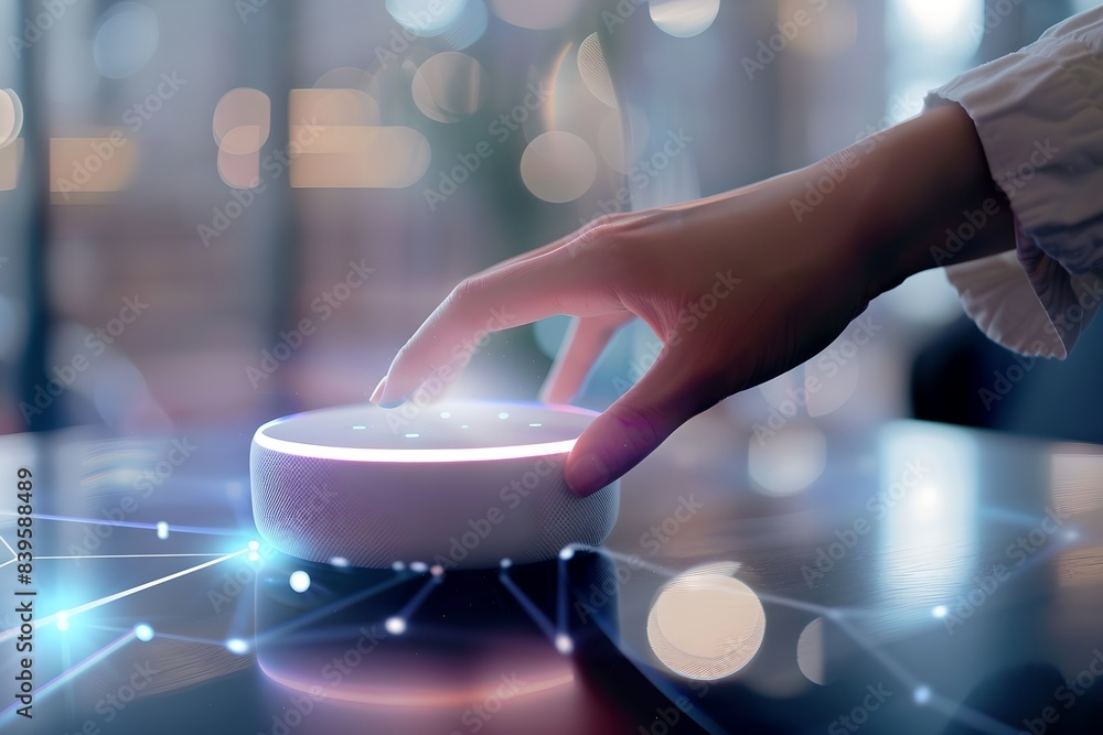 Poster hand touching a smart speaker with digital interface. smart home assistant with ai. voice controlled