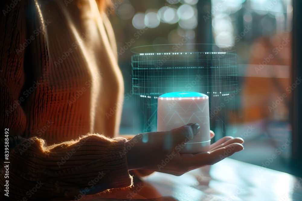 Poster woman holding a smart speaker with holographic display. smart home assistant with ai. voice controll