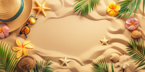 Beach accessories on sand. Summer beach composition with hat, sunglasses, starfish, seashells, flowers, and palm leaves on sandy background