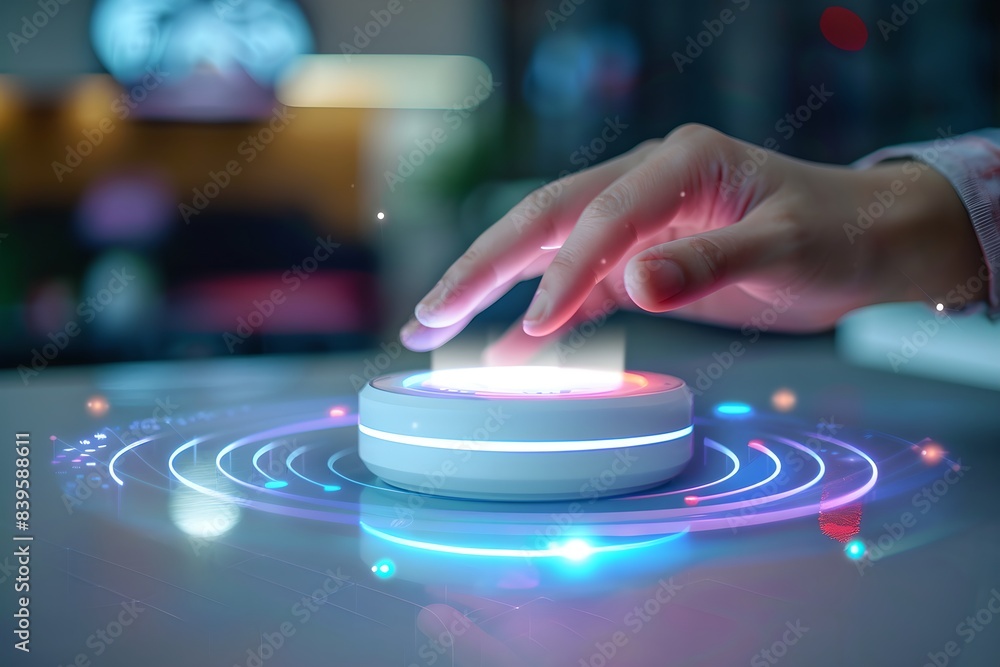 Poster hand touching a future smart speaker with holographic interface. smart home assistant with ai. voice