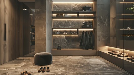 Stylish interior of modern hall with shoes on stand 