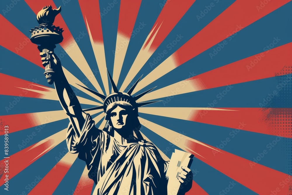 Poster logo of the statue holding up torch in front with red white and blue stripes behind it generative ai