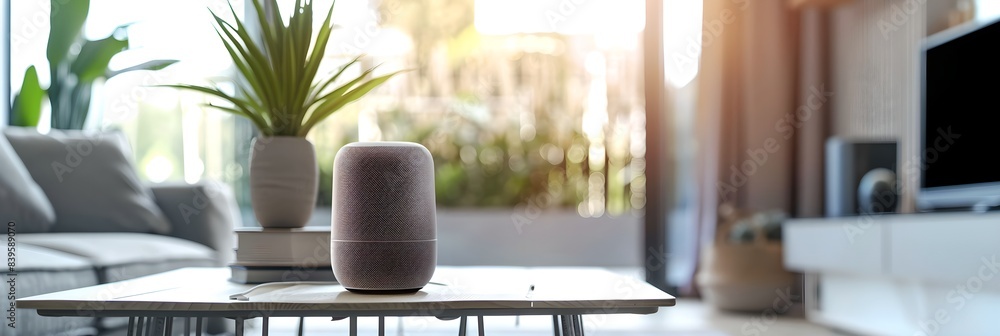 Poster voice assistant speaker on a coffee table in a bright living room. smart home assistant with ai. voi